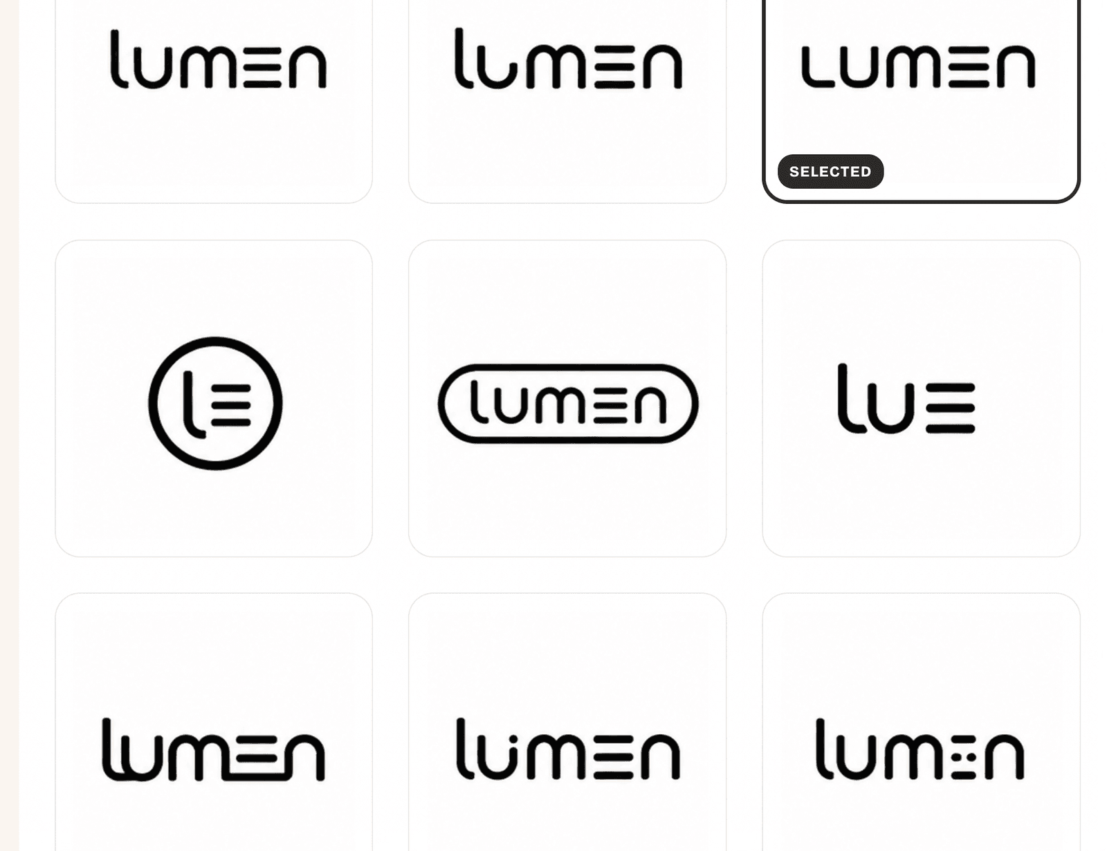 Nine logo treatments for the Lumen wordmark, including the selected all-caps version with a stacked-bars E.
